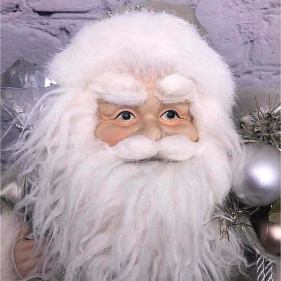 Christmas Silver White Faux Fur 16" Standing Ceramic Face Hands Collectible Sana - Picture 2 of 16